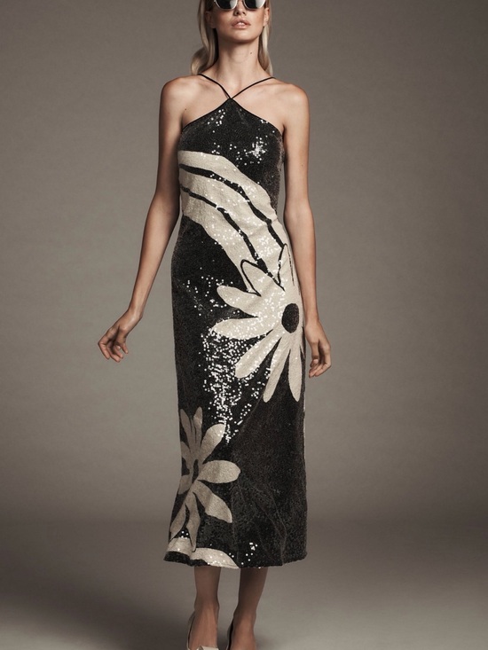 FARM Rio Dresses & Skirts - Black Sequin Floral Slip Dress with Cream Daisy Motif. Farm Rio